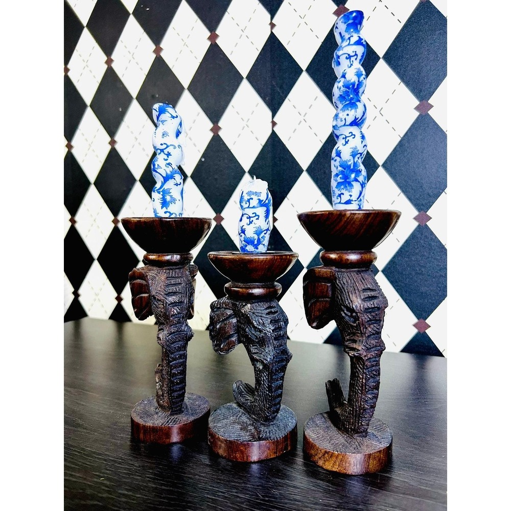 Hand Carved Zimbabwe Wooden Elephant Candle Holders Set of 3 African Safari - Picture 14 of 15
